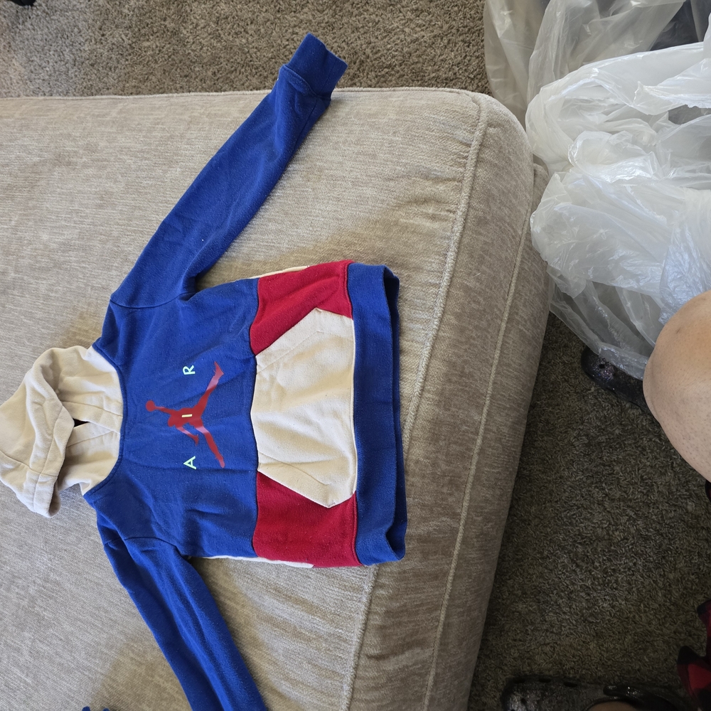 Blue and Red Hoodie with Cream Accents